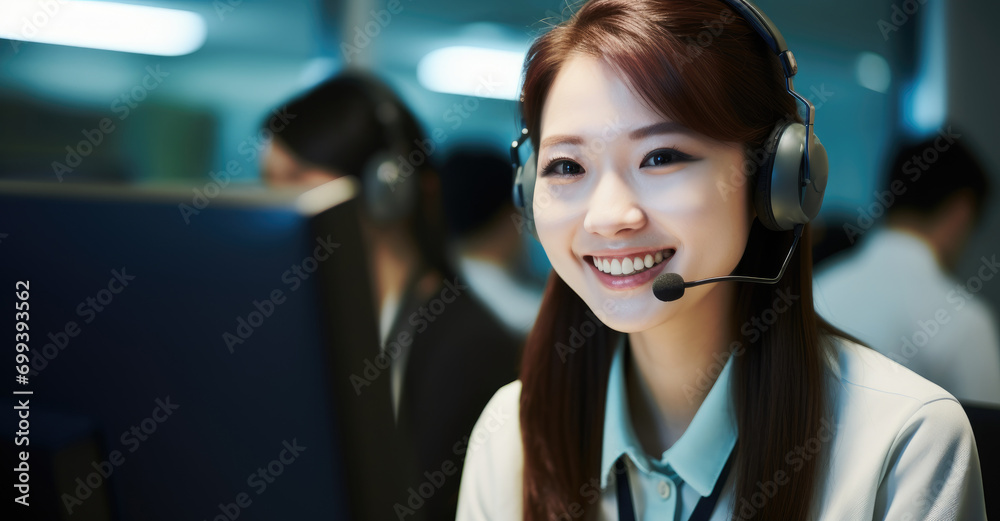 A woman wearing a headset smiles at the camera A woman wearing a headset smiles at the camera