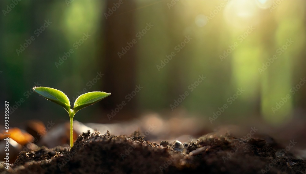 Fototapeta premium Green young sprouts begin to emerge from the soil. Beginning of spring, warm sunshine