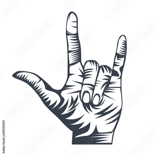 Rock hand gesture woodcut style drawing vector illustration