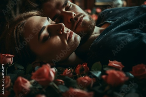 A couple cuddles with roses on Valentine's Day. Generative AI