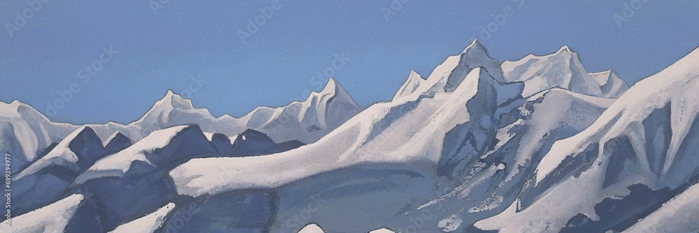 Mountain landscape. Minimalism. High mountains. Oil painting on canvas. Painted with brush and paint.