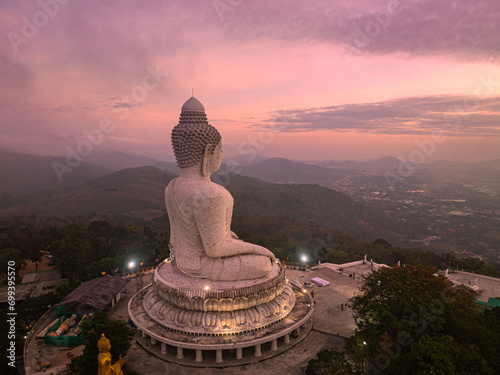 Amazing sweet sky in sunset at Phuket big Buddha. ..The beauty of the statue fits perfectly with the charming nature...amazing pink sky in sweet sunset at Phuket big Buddha.