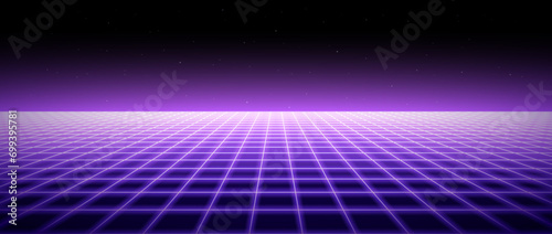 Neon wireframe horizon background. Light purple grid room floor in perspective. Glow violet retro futuristic wallpaper. Abstract checkered plane landscape. Game floor surface. Vector backdrop