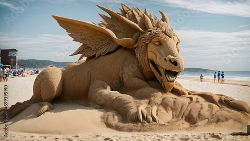 An elaborate sand sculpture of a mythical creature on a sunny beach Generative AI