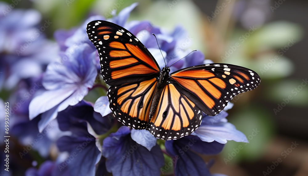 Vibrant butterfly pollinates flower, showcasing natural beauty generated by AI Vibrant butterfly pollinates flower, showcasing natural beauty generated by AI