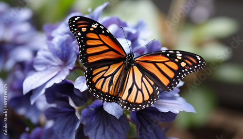 Vibrant butterfly pollinates flower, showcasing natural beauty generated by AI