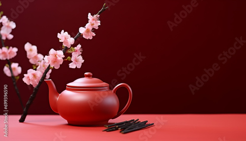 Hot drink in teapot, Japanese culture, flower decoration generated by AI