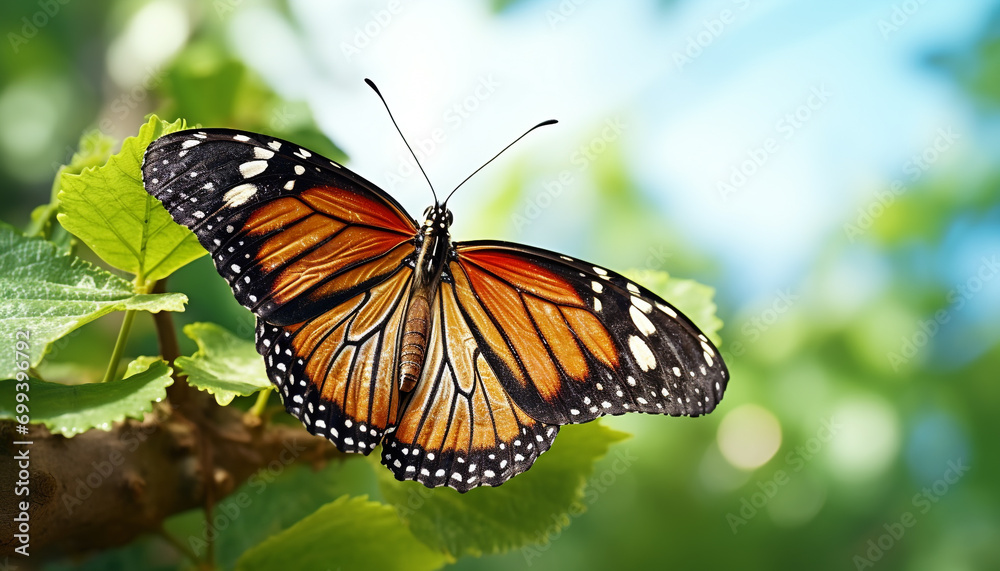 Fototapeta premium Butterfly wing showcases vibrant colors in nature generated by AI