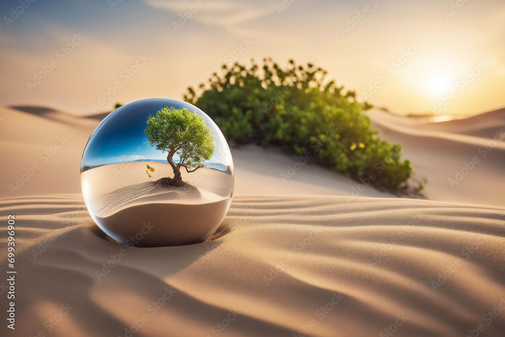 a glass ball with a tree inside on the sand of the dune - obrazy, fototapety, plakaty 