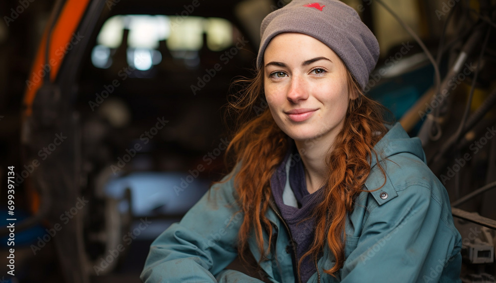 Smiling young woman in winter cap, looking confident generated by AI Smiling young woman in winter cap, looking confident generated by AI