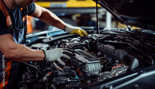 Car mechanic repairing engine in auto repair shop generated by AI