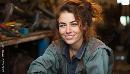 Smiling woman in casual clothing looking at camera generated by AI