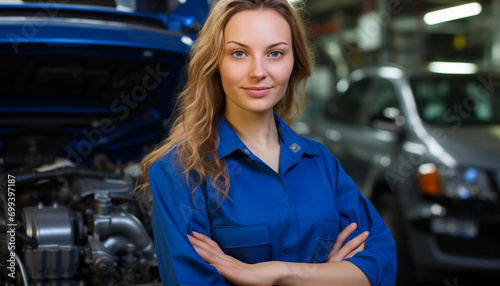 Smiling adult mechanic working on blue car generated by AI