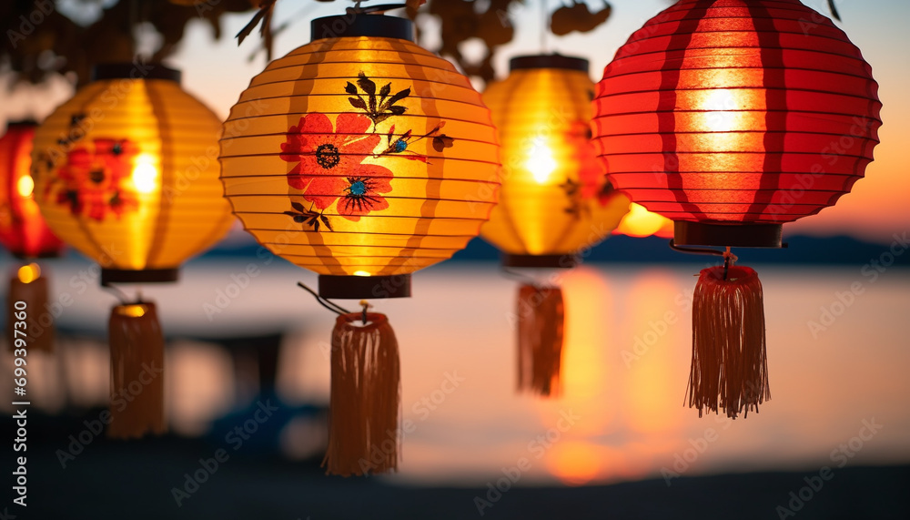 Obraz premium Chinese lanterns illuminate the night, symbolizing vibrant culture generated by AI