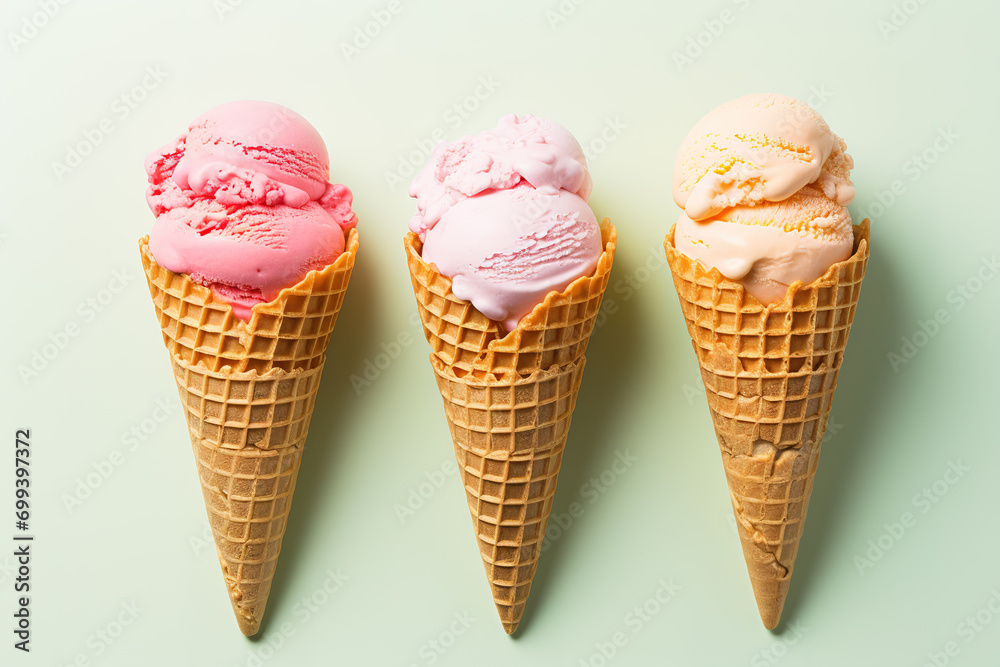 Vanilla frozen yogurt or soft ice cream in waffle cone flat lay on colored paper isolated on white background
