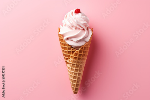 Vanilla frozen yogurt or soft ice cream in waffle cone flat lay on colored paper isolated on white background photo
