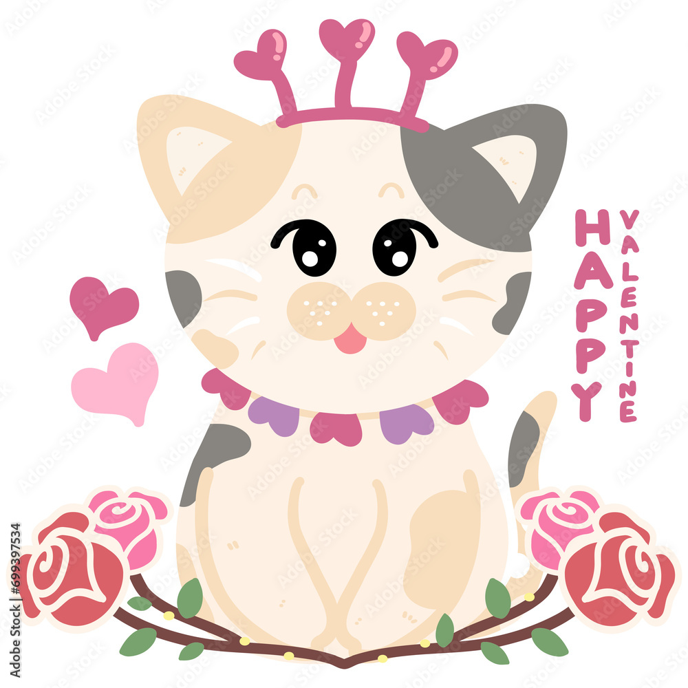 Cute cat with rose flower for valentine's day