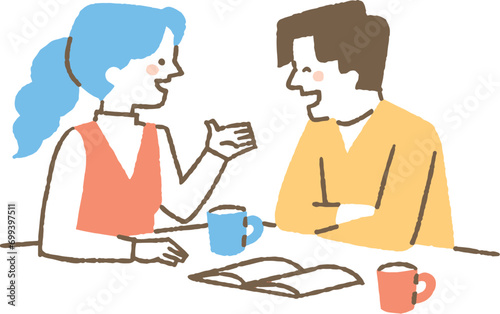 カフェで仲良く話す男女二人_色