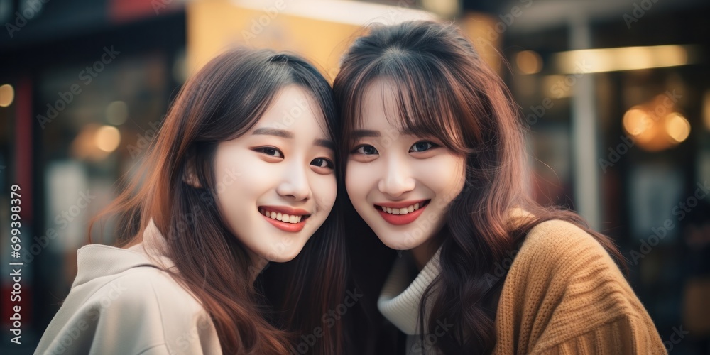 two young and lovely girls are happily taking photos together, generative AI two young and lovely girls are happily taking photos together, generative AI