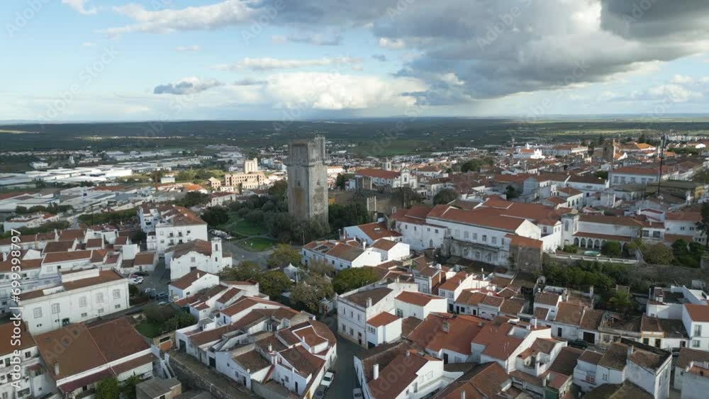 DRONE SHOT - Beja - Beautiful shot of Beja castle, castelo de Beja. Alentejo, Portugal - Approaching shot