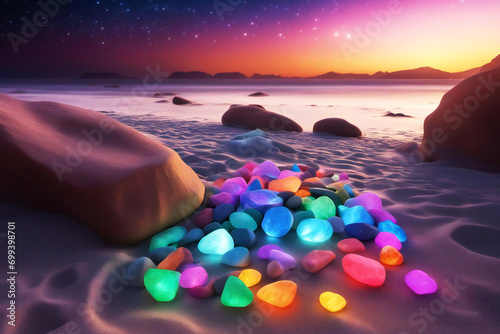 a bunch of colorful glow rocks art on a sandy beach