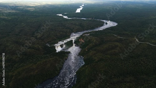Aerial view around the Murchison falls waterfall, in partly sunny Uganda, Africa photo