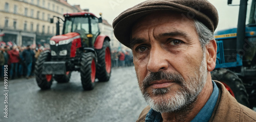 a farmer protests and demonstrates against something, tractors block the streets in a big city, fictional location, angry and angry and disappointed and hopeless