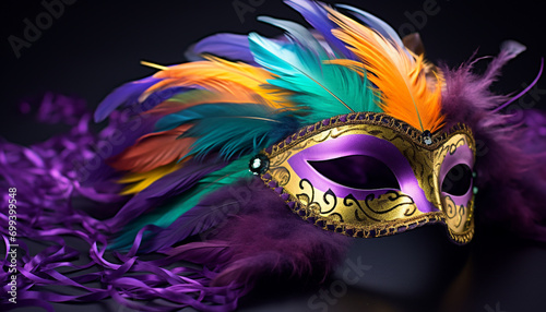 Purple mask, gold costume, vibrant colors, Mardi Gras generated by AI