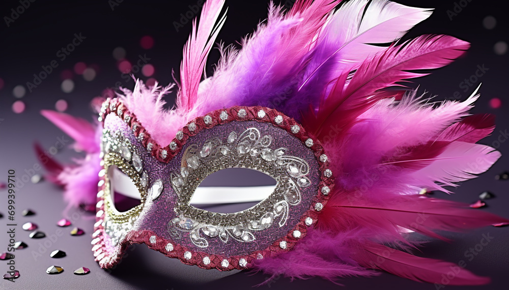 Feathered mask adds mystery to glamorous masquerade party generated by AI