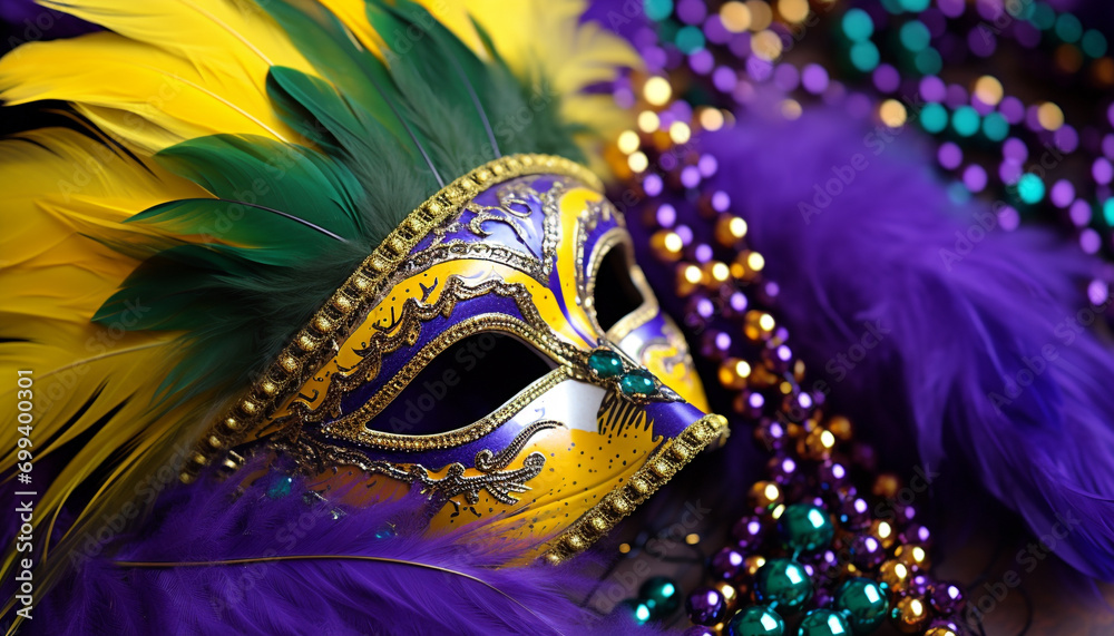 Mardi Gras mask, costume, elegance, luxury, gold generated by AI