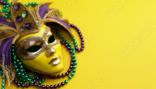 Mardi Gras celebration, colorful masks, elegant costumes generated by AI