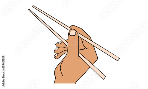 line art color of hand holds chopsticks. Asian traditional cutlery
