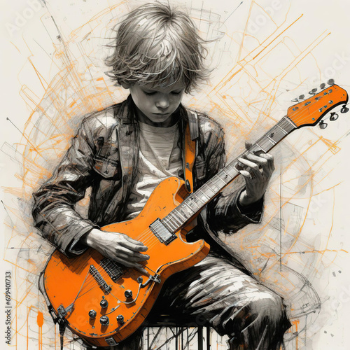 A young boy playing the electric guitar on a grunge background. Digital painting.