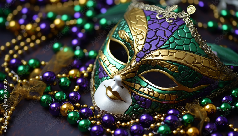 Masked celebration, Mardi Gras disguise in vibrant colors generated by AI