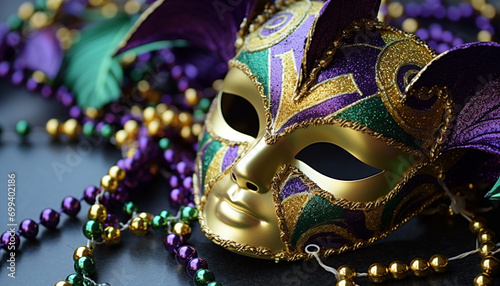 Mardi Gras celebration, costume, mask, party, gold, purple generated by AI