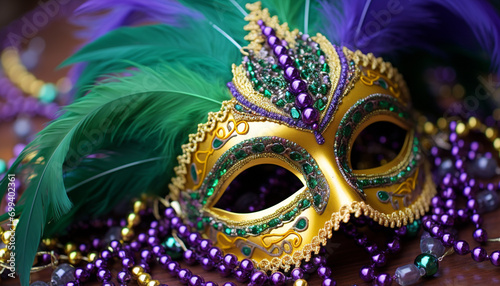 Mardi Gras celebration, colorful masks, beads, and feathers generated by AI