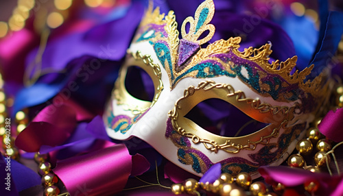 Mardi Gras celebration, masks, costumes, and mystery generated by AI