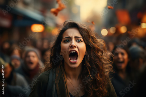 Indian Female activist angry shouting for her cause among people demonstration protester. photo