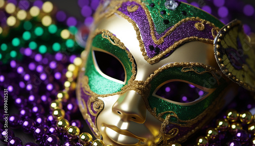Mardi Gras celebration, mask, costume, party, colorful, shiny generated by AI © Gstudio
