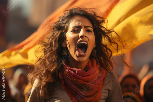 Indian Female activist angry shouting for her cause among people demonstration protester. photo