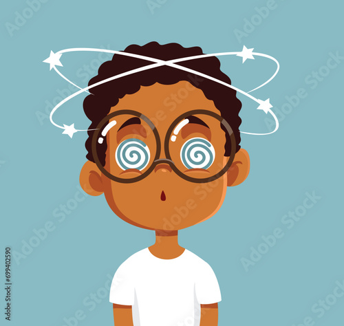 Dizzy Child Suffering Vertigo Symptoms While Nauseated Vector Character. Kid suffering from motion sickness having blurry vision 
