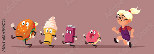 Little Girl Chasing Delicious Unhealthy Foods Vector Cartoon Illustration. Child chasing unhealthy treats full of sugar and calories 
 photo