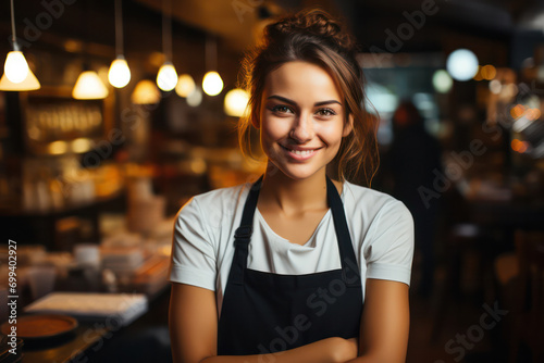 Smiling female employee or baker with arms crossed against the backdrop of a restaurant kitchen.