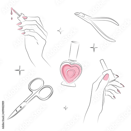 Set of vector illustrations. Manicured hands and accessories. Line art for nail salon 