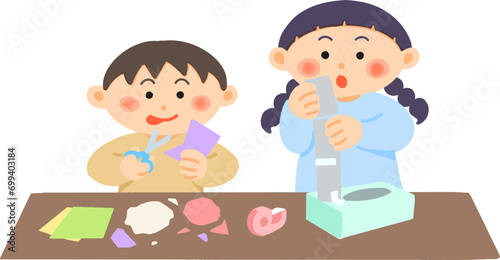 紙や廃材を使って製作遊びをする日本人の男の子と女の子のイラスト
