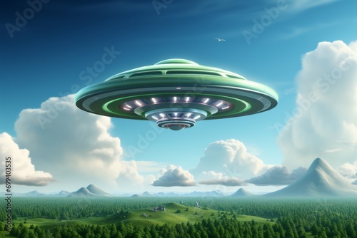 Cartoon Cloud in the Shape of a Flying Saucer, on an isolated UFO Green background, Generative AI