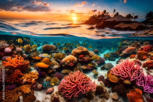 Vibrant coral reefs beneath the clear waters of a tropical beach, teeming with colorful marine life as the sun dips below the horizon