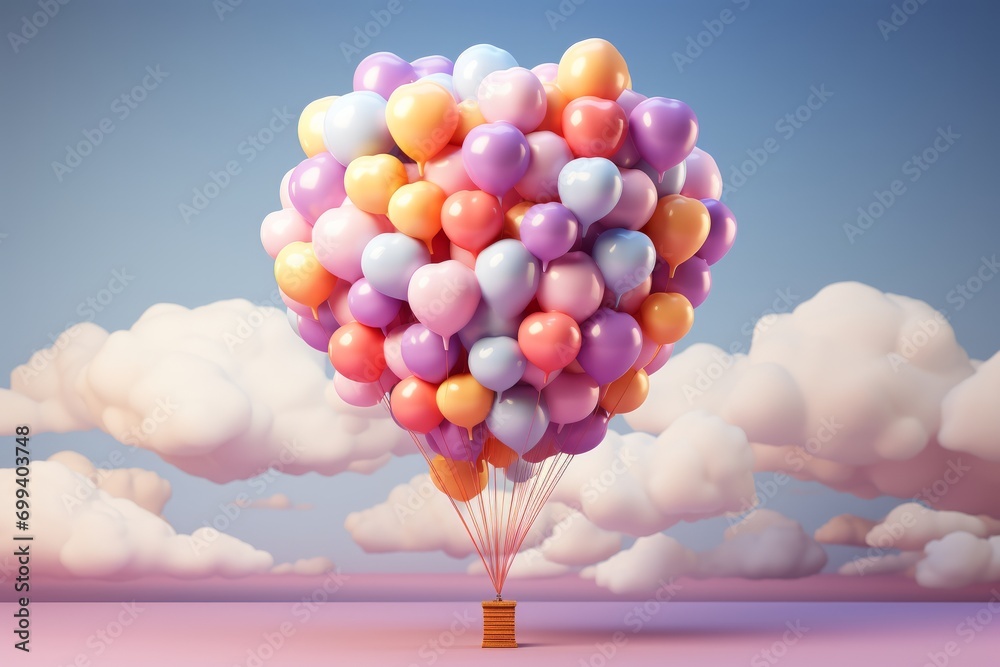 Cheerful Cloud with a Colorful Hot Air Balloon, on an isolated Pastel Purple background, Generative AI