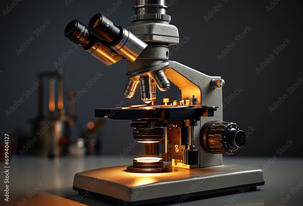 A metal microscope with a simple background. Generative AI.