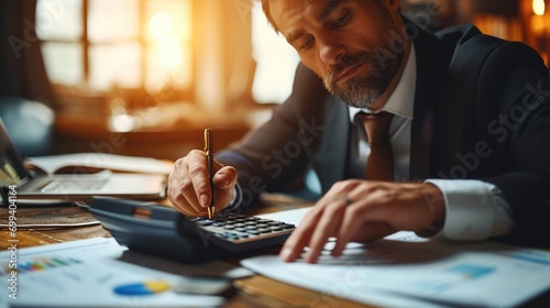 Businessman working with using a calculator to calculate the numbers of financial and analyzing sales data on economic growth graph chart, Banking and finance. Generative AI. photo